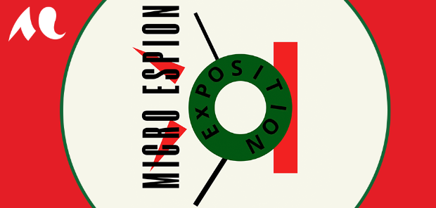 sur fond rouge, un cercle beige dans lequel est écrit le nom de l'exposition en noir à la vertical avec un cercle vert foncé