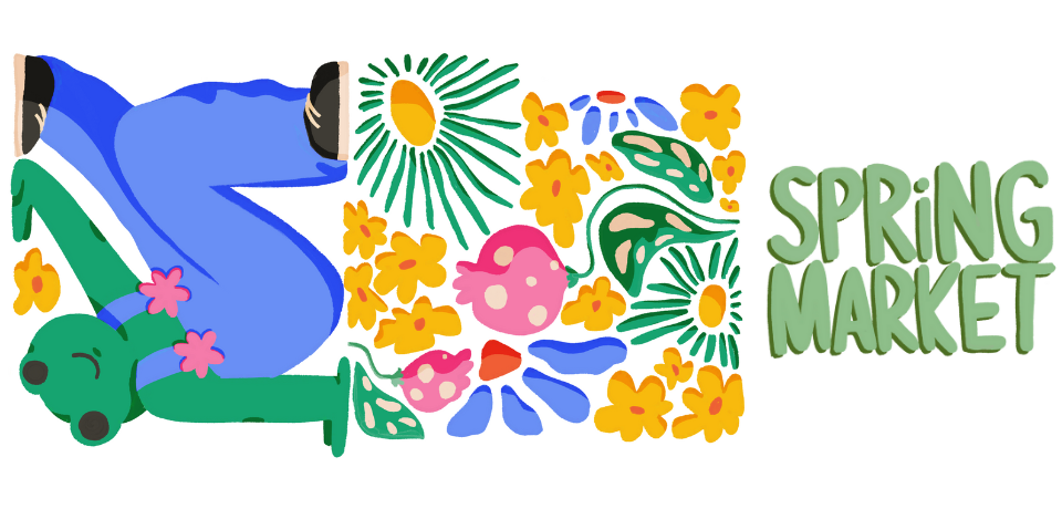 Une grenouille sur la gauche avec une salopette bleue et des fleurs colorées sur la droite