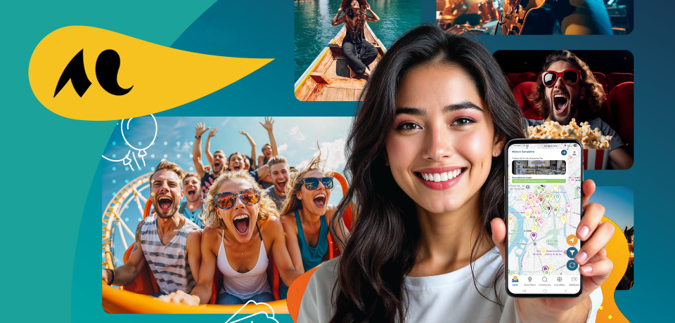 Une jeune femme montre l'application sur son smartphone