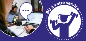 Étudiantes et étudiants dans une salle de travail en groupe - "BU à votre service"
