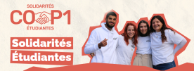 &eacute;criture COOP1 solidarit&eacute; &eacute;tudiante et 4 etudiants en photo
