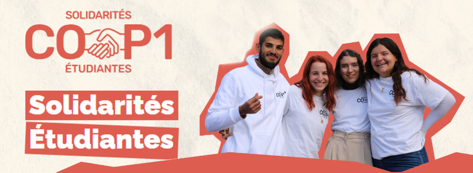 &eacute;criture COOP1 solidarit&eacute; &eacute;tudiante et 4 etudiants en photo