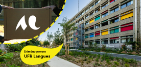 Vue de le fa&ccedil;ade ext&eacute;rieure du b&acirc;timent I et de 2 personnes tenant un carton