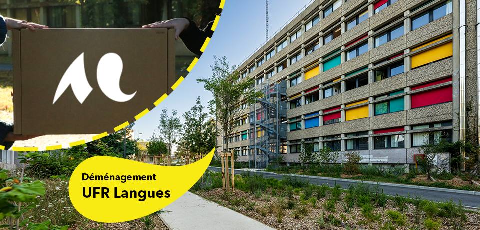 Vue de le fa&ccedil;ade ext&eacute;rieure du b&acirc;timent I et de 2 personnes tenant un carton