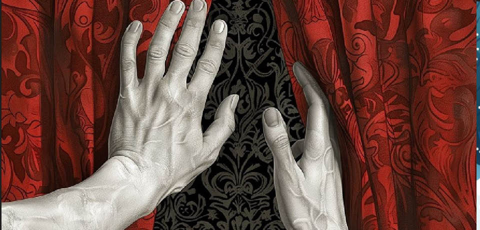 deux mains qui ouvrent un rideau rouge