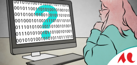 Illustration d'une femme regardant un ordinateur o&ugrave; il est repr&eacute;sent&eacute; des 1 et des 0 et un point d'int&eacute;rogation.