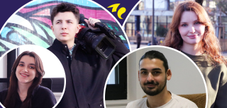 portrait de 4 jeunes alternants dans des bulles, 2 femmes et 2 hommes