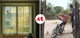 2 photos des film, à gauche une vue sur une fenetre, à droite un homme à côté d'une moto en Afrique.