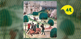 Illustration m&eacute;di&eacute;vale montrant plusieurs paysans arm&eacute;s de haches, de b&acirc;tons et d&rsquo;outils attaquant un chevalier en armure tomb&eacute; de son cheval.