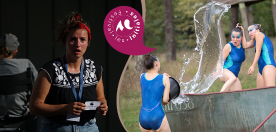 A gauche, photo avec une femme debout en train de parler / à droite : photo avec 3 femmes en maillots de bain, une arrose les deux autres