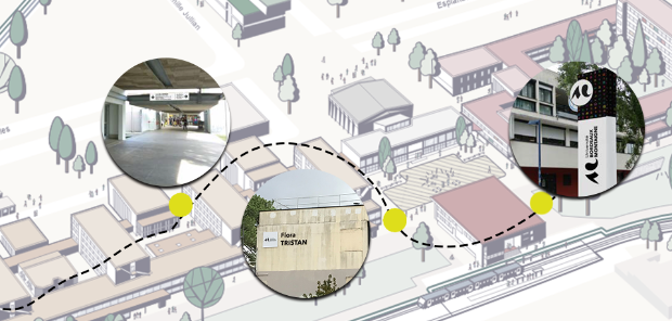 plan des bâtiments de l'université en arrière plan - 3 photos de panneaux de signalétiques dans 3 cercles en premier plan