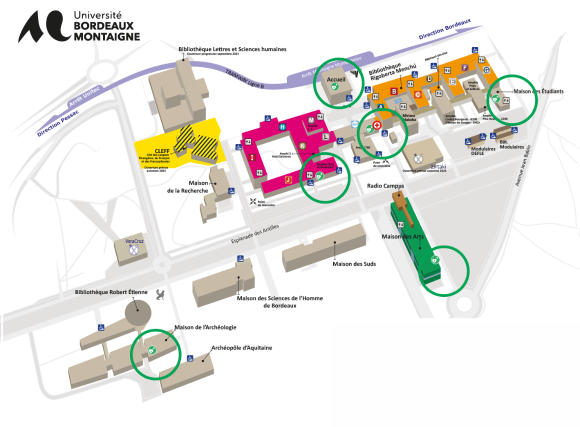 Plan de l'Université Bordeaux Montaigne- Emplacements des défibrillateurs